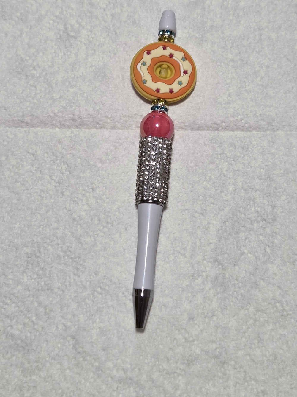 Embellished White Decorative Pen with Pink & Yellow Accents